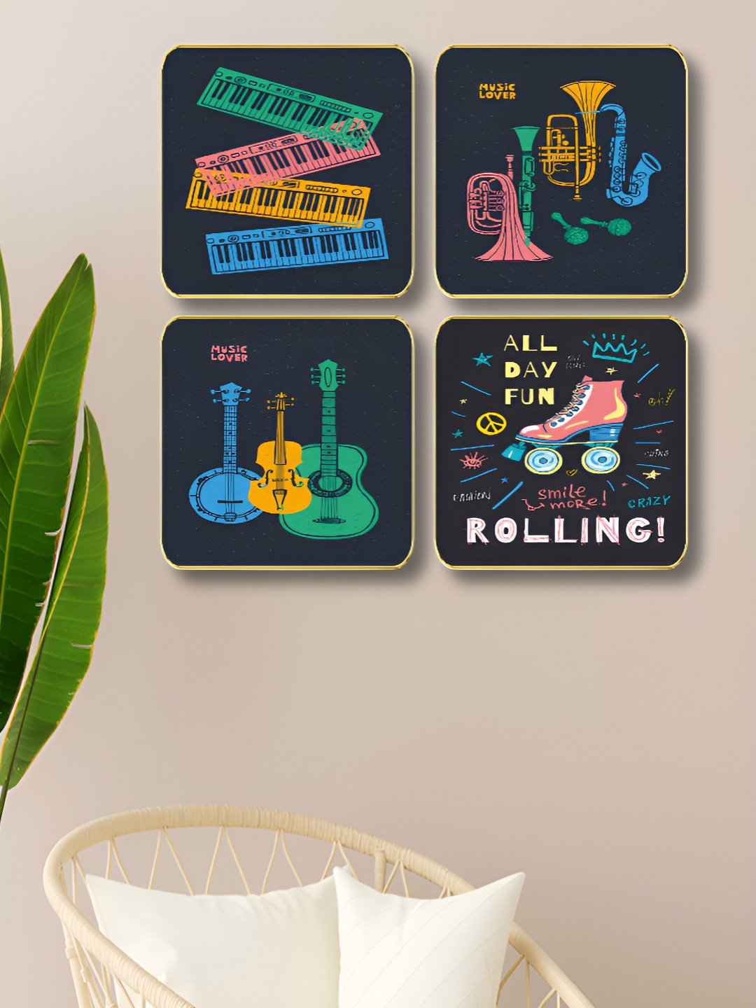 Livin'luxe Black & Yellow Set of 4 Piece Wood Wall Paintings