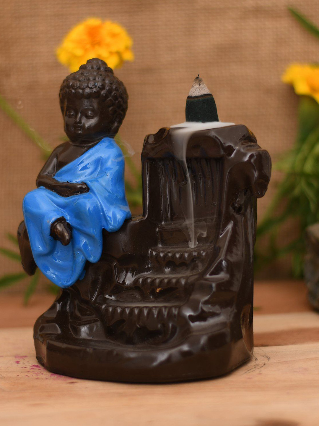 CRAFTAM Black & Blue Polyresin Meditating Monk Big Buddha Holder With 1 Scented Cone