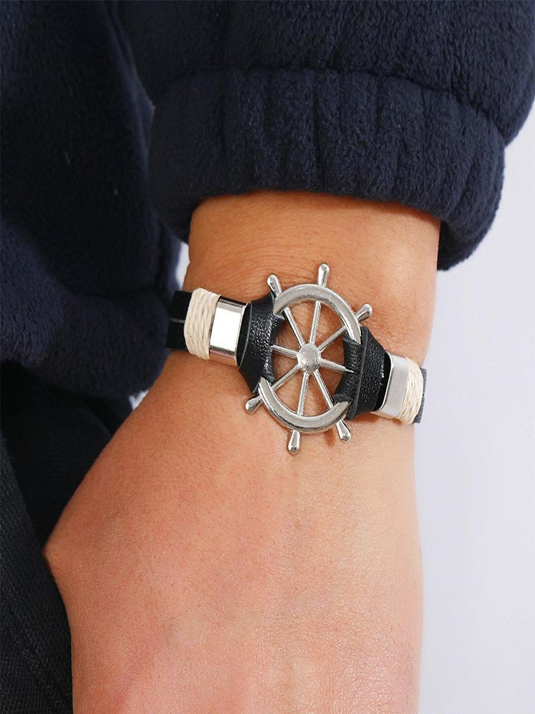 Black Sterling Silver Wheel Leather Bracelet For Men