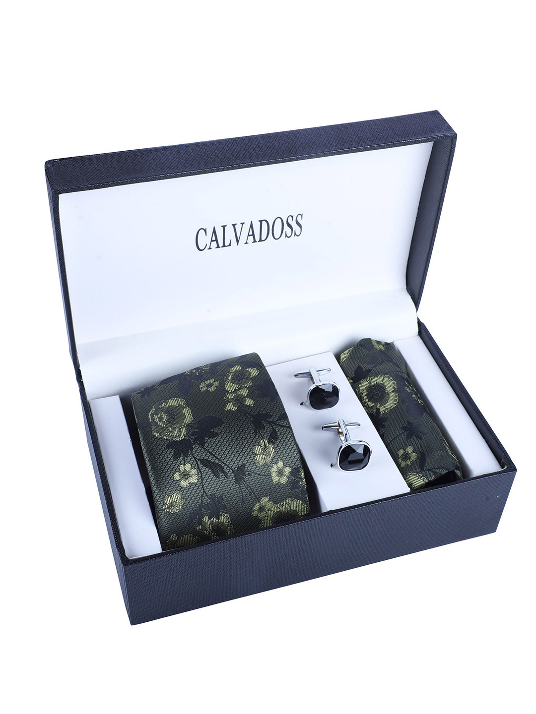 Calvadoss Men Accessory Gift Set Of Floral Printed Tie & Cufflinks With Pocket Square