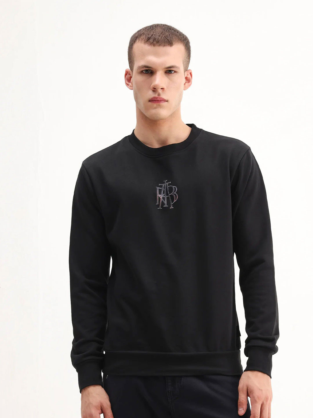 RARE RABBIT Men Rick Black Primary Printed Cotton Sweatshirt