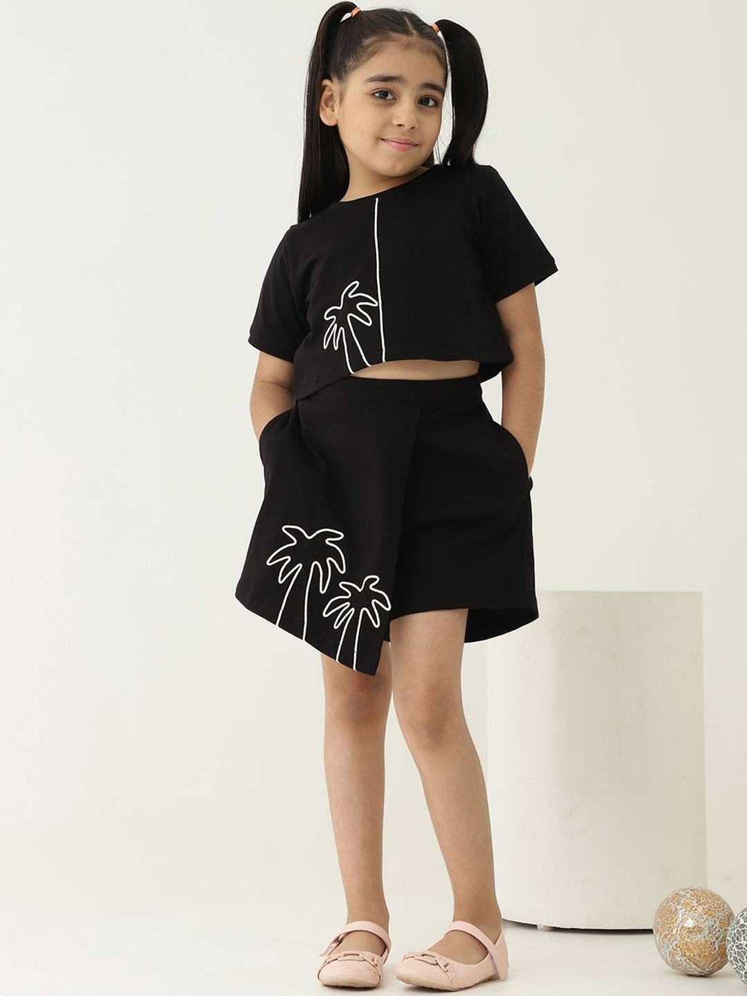 Bugandbees Girls Embroidered Round Neck Pure Cotton Top With Skort
