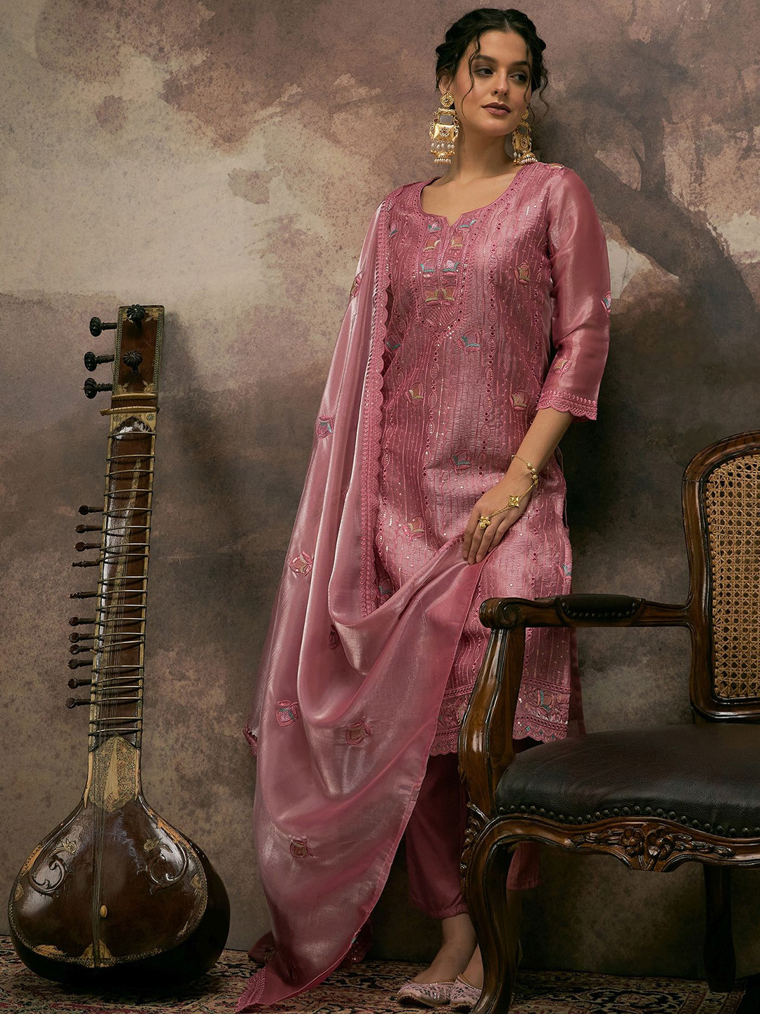 Anouk Floral Embroidered Notach Neck Straight Kurta With Trousers & Dupatta