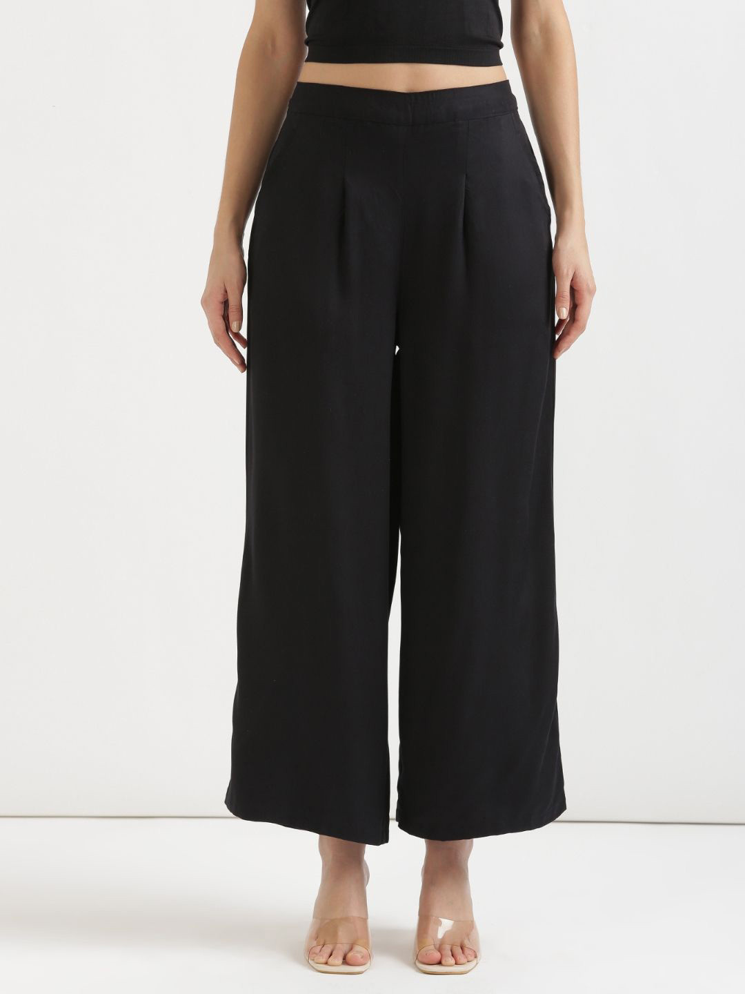 SAADAA Women Palazzos Black Wide Leg Mid Rise Elasticated Waistband Palazzo with 2 Pockets