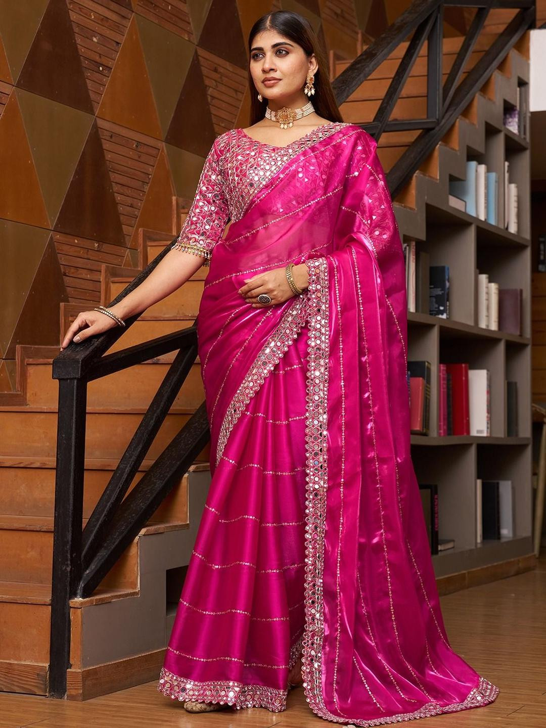A.G.M.G FASHION Embellished Mirror Work Organza Saree