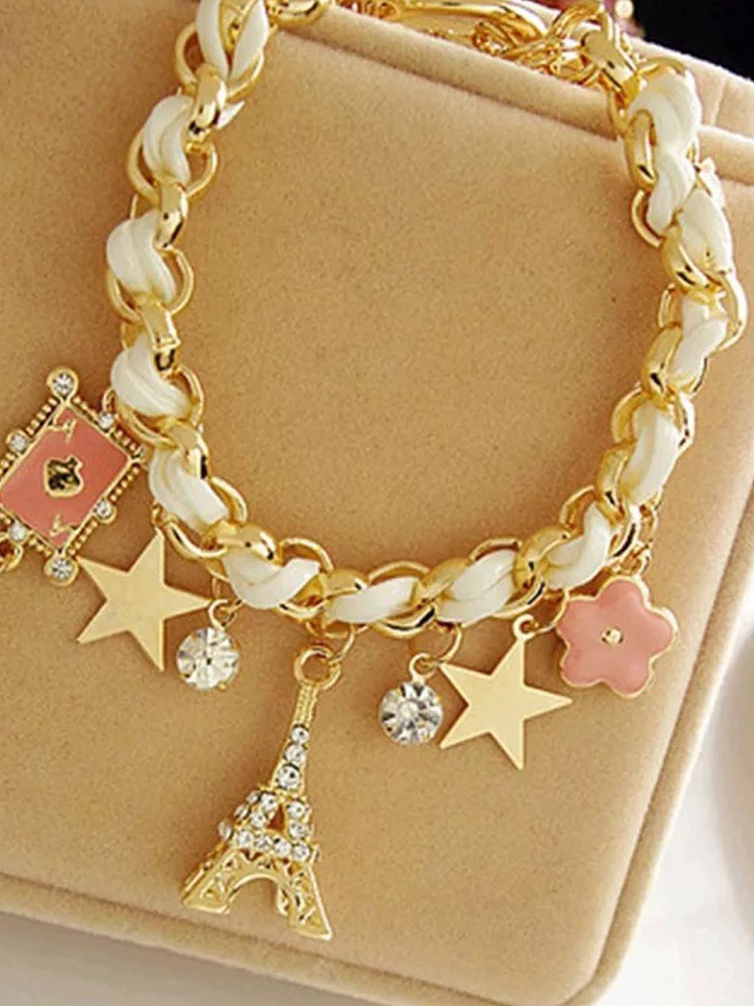 TheVineGirl White Studded Eiffel Tower Star Charms Adjustable Bracelet For Women And Girls