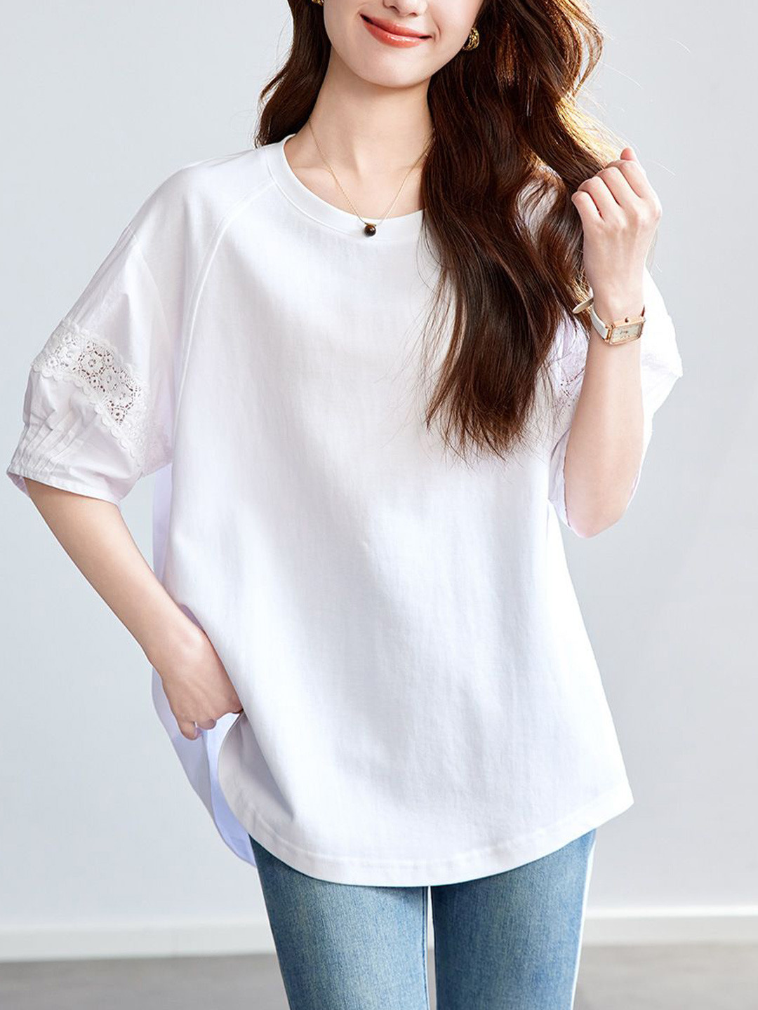 StyleCast Women Lace Insert Round Neck Short Sleeve Cotton Top