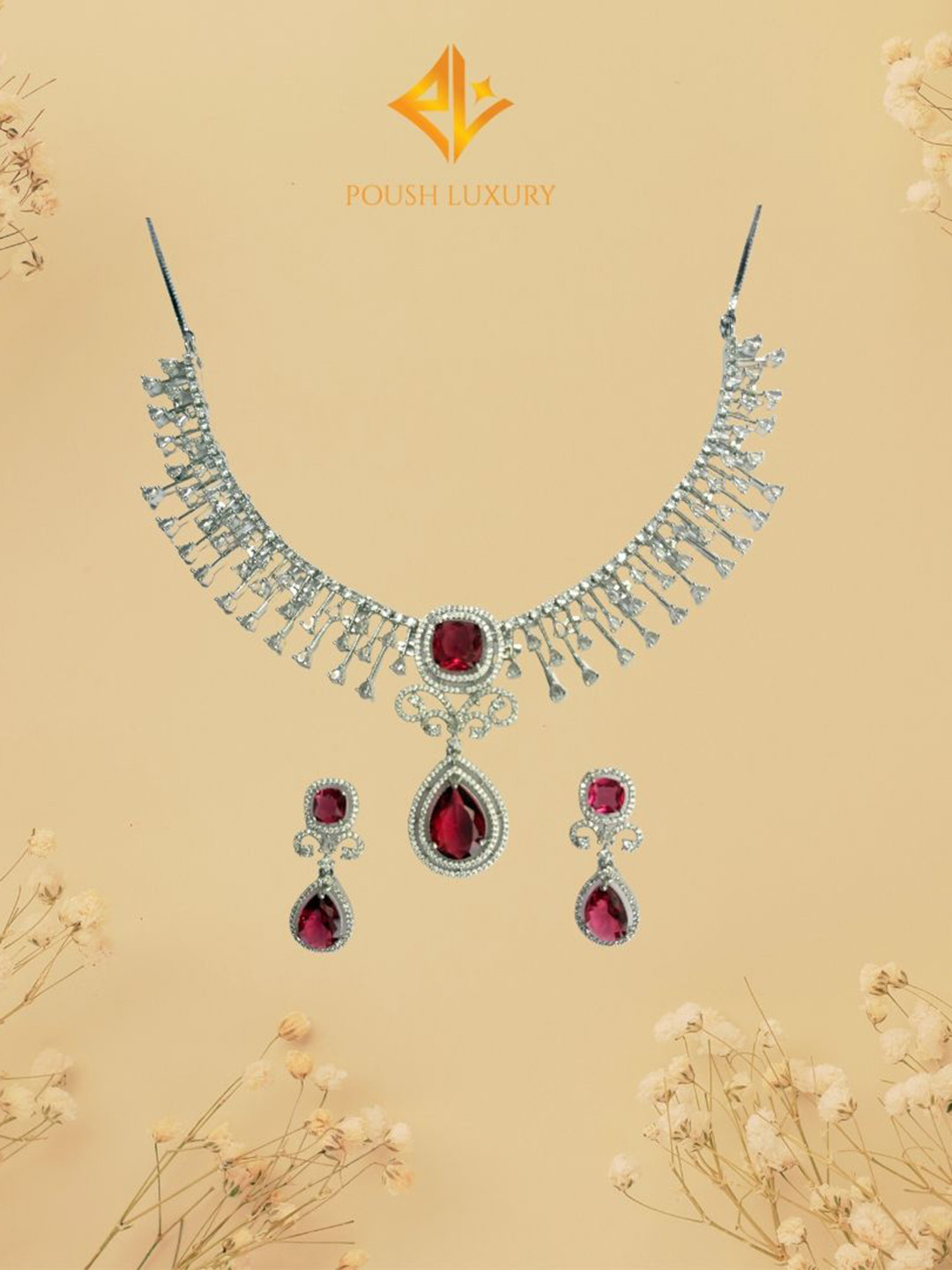 Poush Luxury Silver-Toned Necklace and Earrings