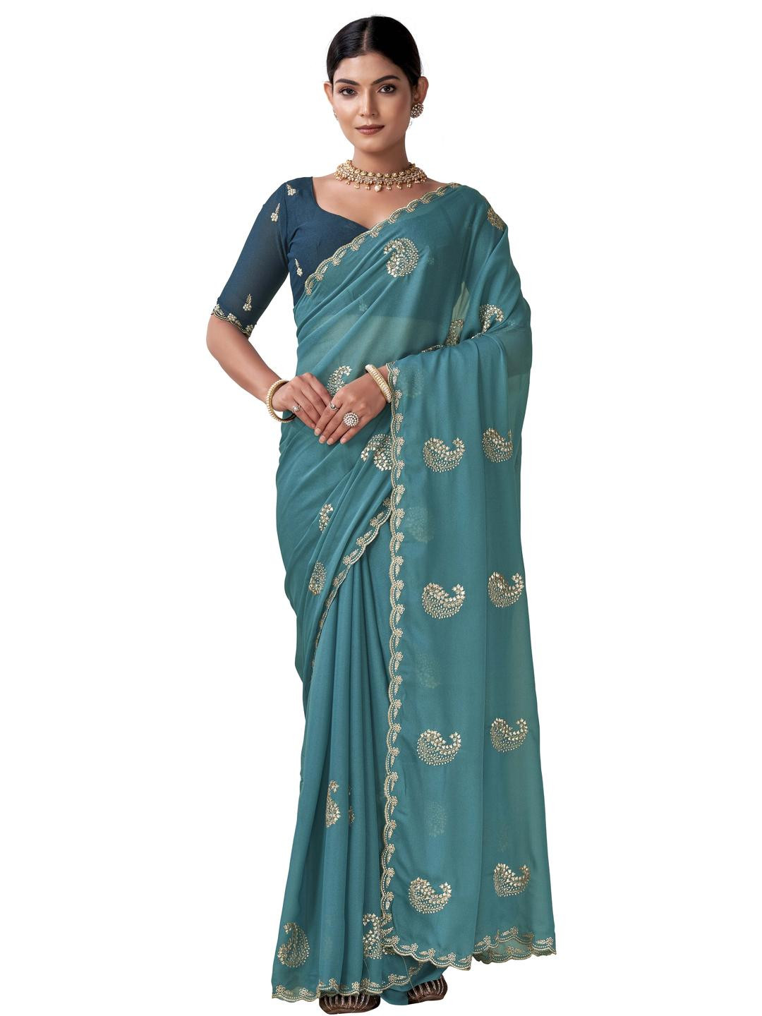 Kandora Floral Embroidered Pure Georgette Heavy Work Saree