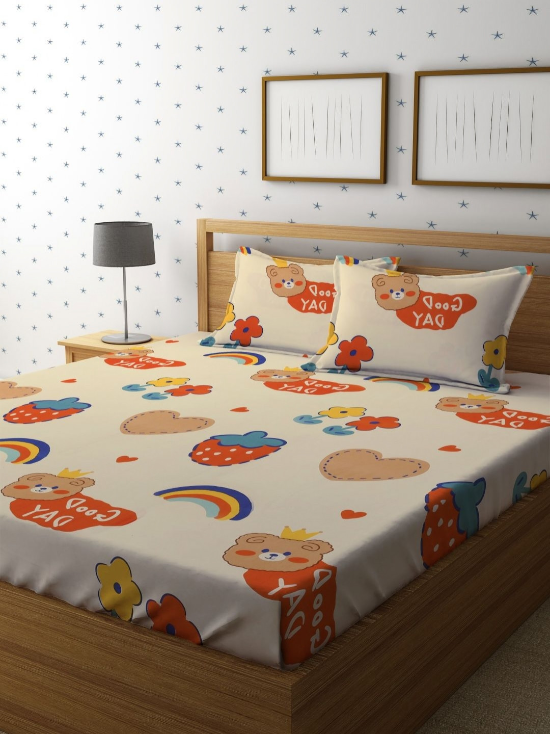 Myntra Elegant Homes Beige Cartoon Characters 280 TC Double Queen Bedsheet Set-2.28mX2.54m