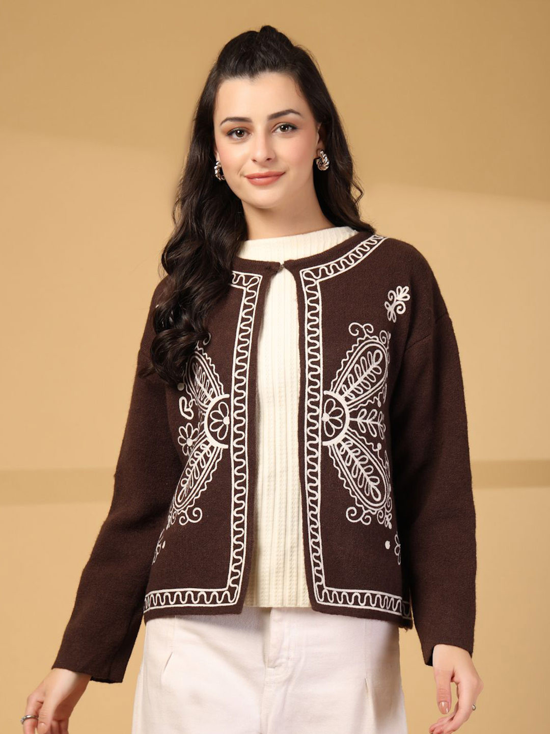 Mafadeny Women's Embroidered Open Front Sweater