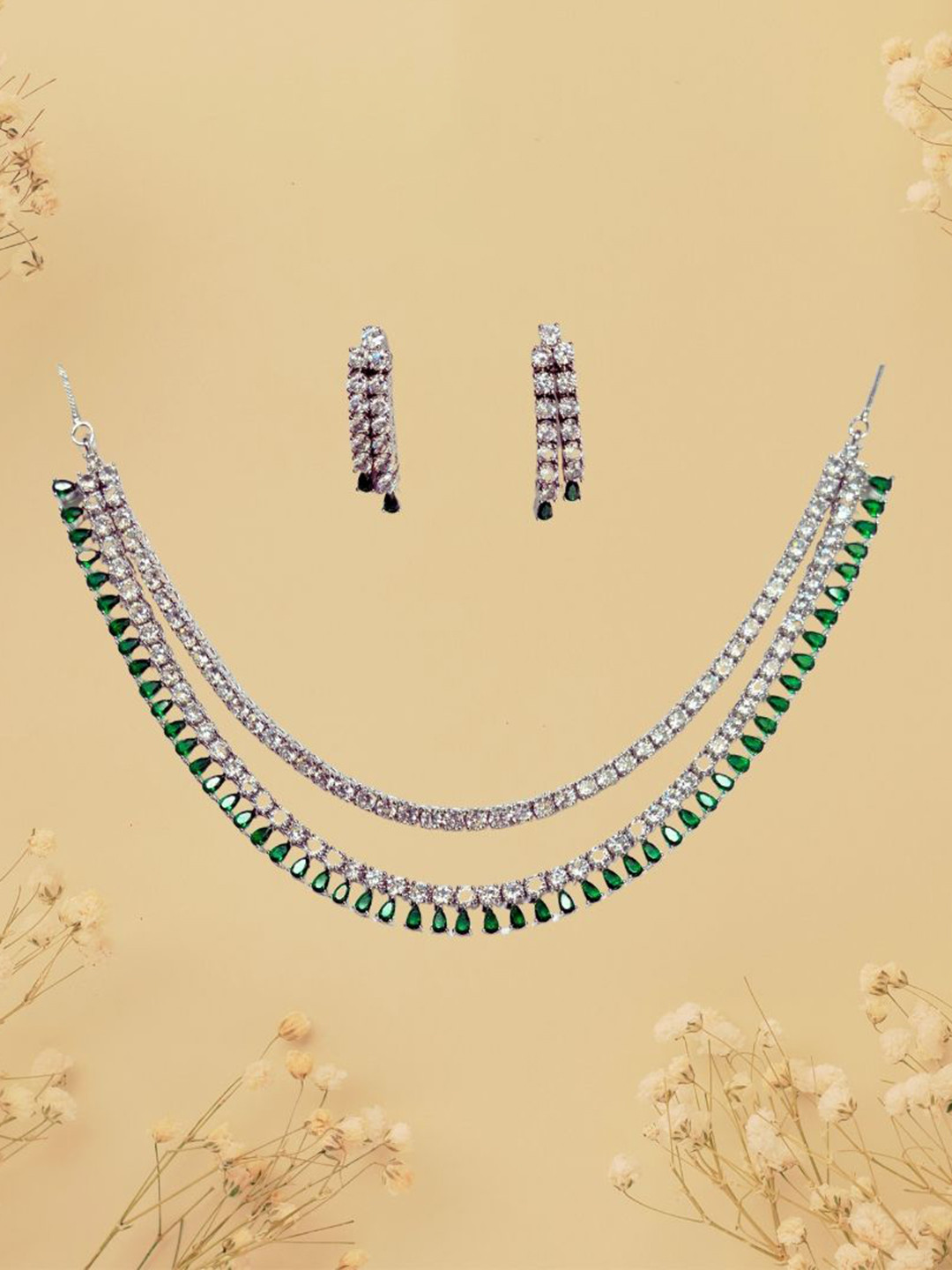 Poush Luxury Women American Diamond Necklace & Mini Drop Earrings Jewellery Set