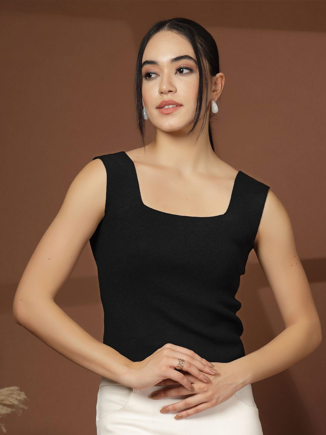 Mafadeny Women Sleeveless Ribbed Square Neck Top