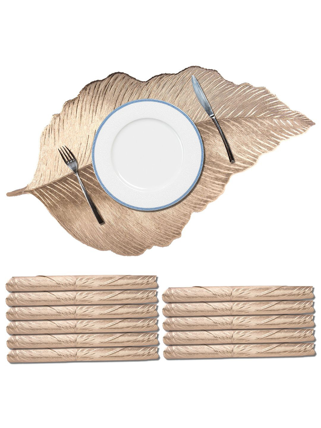 Kuber Industries Gold-Toned 12 Pieces Emboss Leaf Leather Anti-Slip Table Placemats