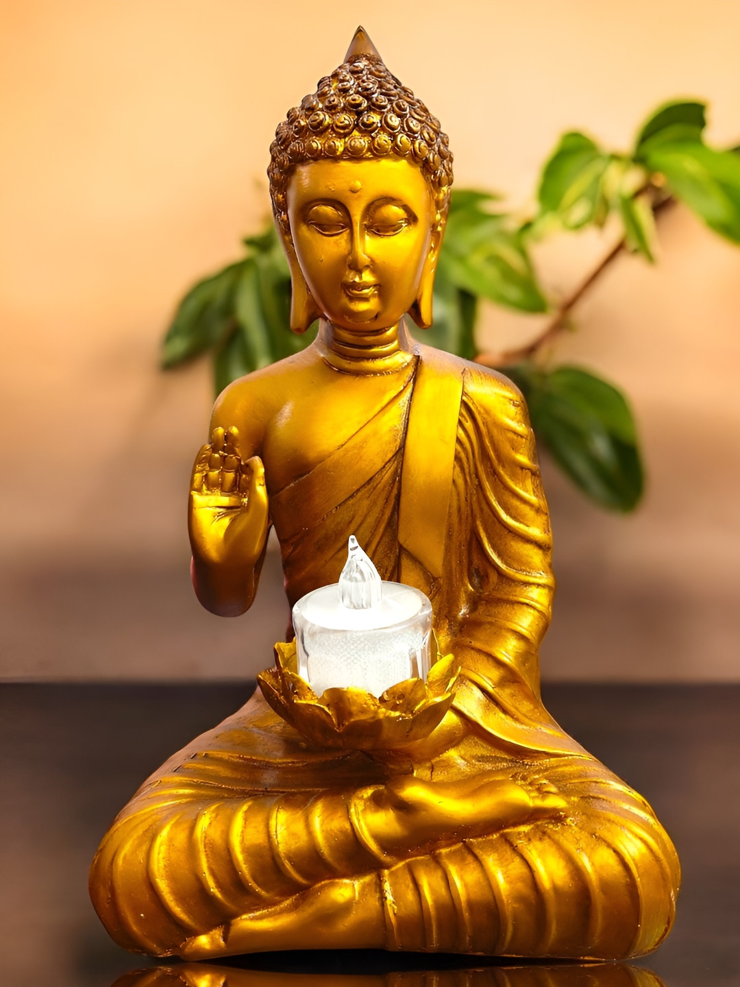 SkyKey Gold-Toned Polyresin Sitting Buddha Idol With Candle Holder Statue Showpiece