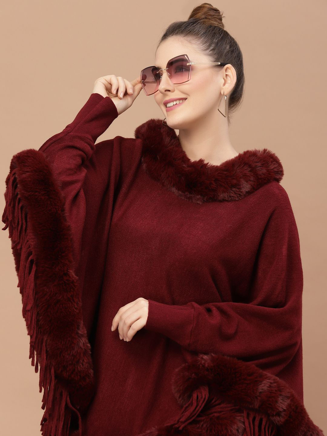 Mafadeny Women's Round neck  Faux Fur Trim and Fringe Detailing poncho