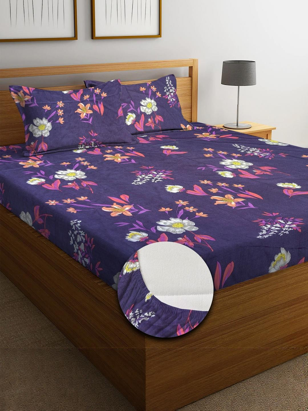 kurry home furnishing Purple Floral Egyptian Cotton King Bedsheet with 2 Pillow Covers