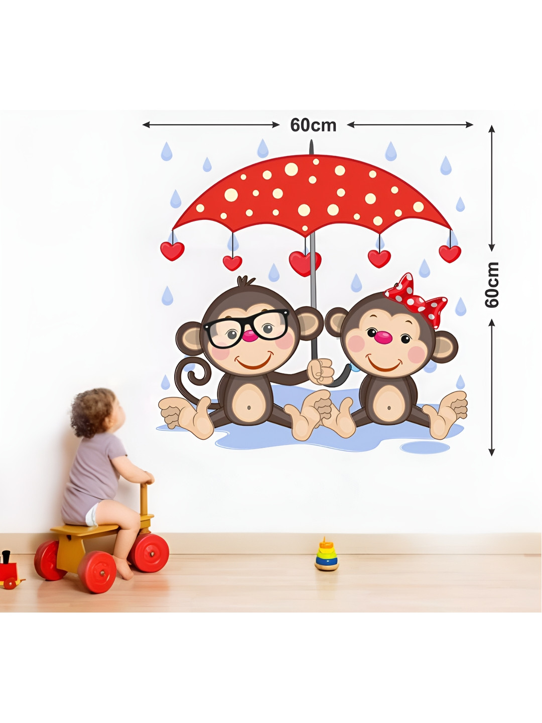 LANSTICK Brown & Red Monkey With Umbrella Self-Adhesive Wall Sticker
