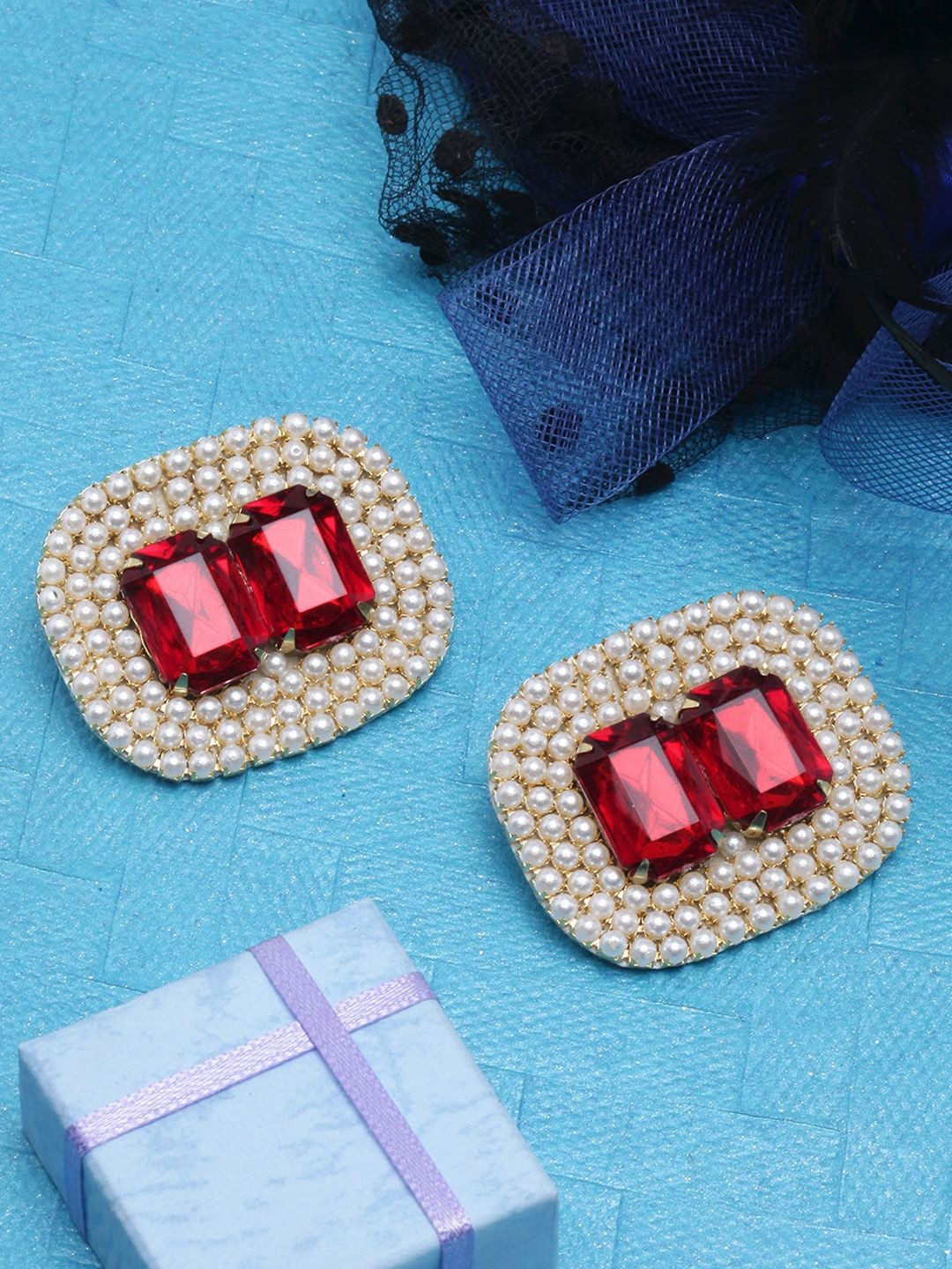 StyleCast Gold Plated Pearls Beaded & Rhinestones Studded Square Studs