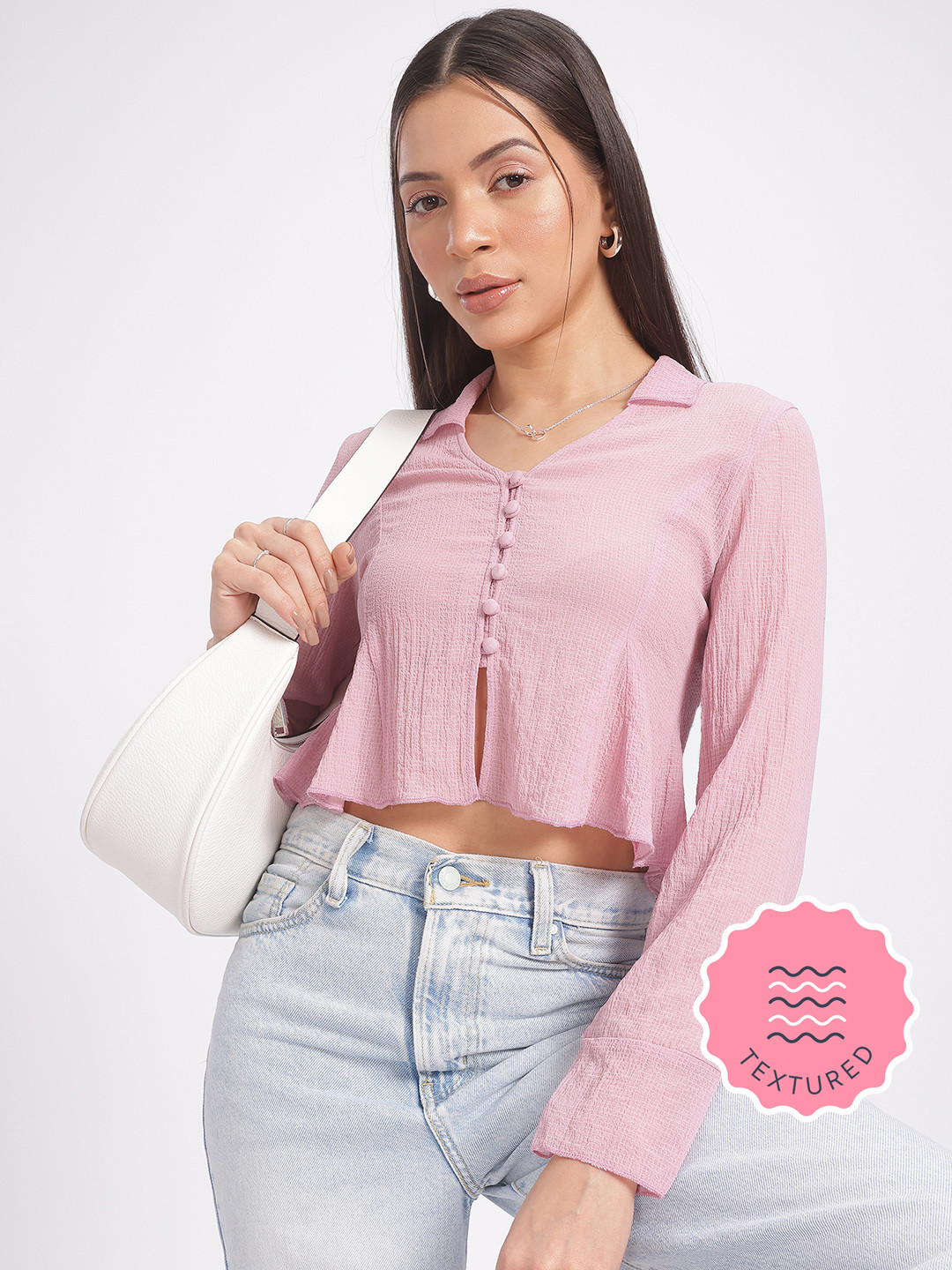 glitchez Textured Cropped Peplum Top