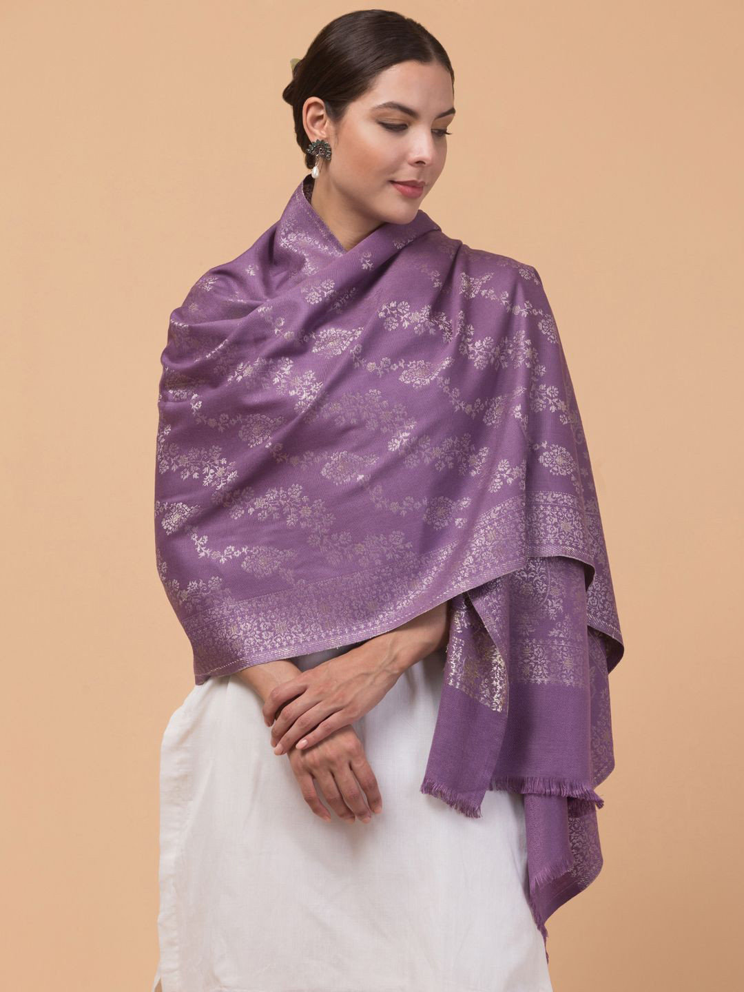 Tweedle Women Ethnic Motifs Woven Design Zari Stole with Fringes