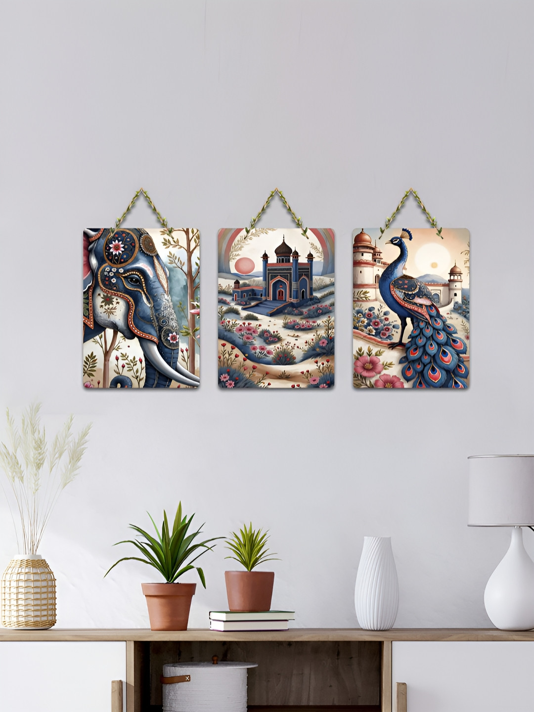 ArtVibes Blue & Beige 3 Pieces Elephant Palace & Peacock Printed Wooden Hanging Wall Arts