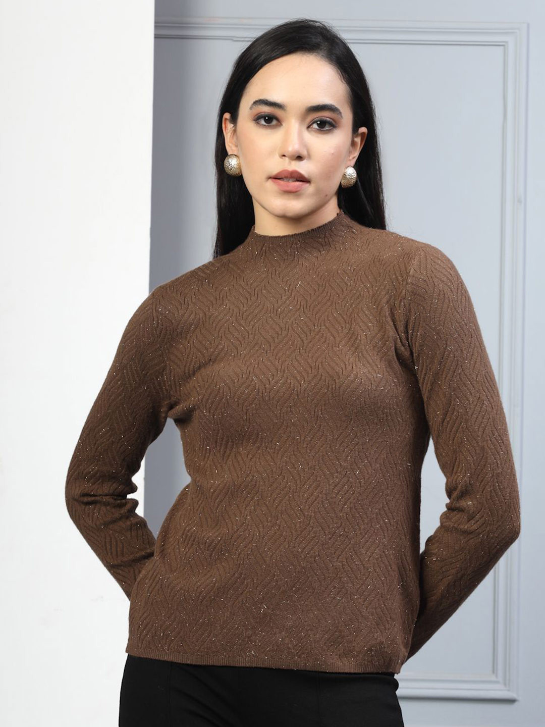 Mafadeny Women Shimmering Ribbed High Neck Sweater