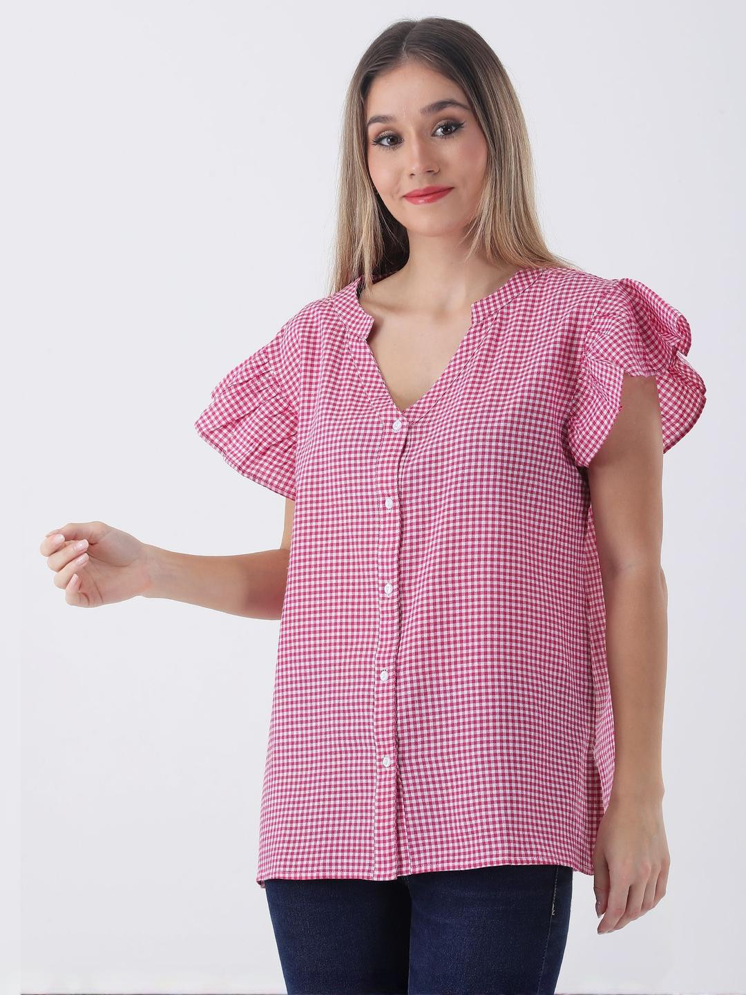Qurvii Pink Comfort Gingham Checks short Frill Sleeve Shirt