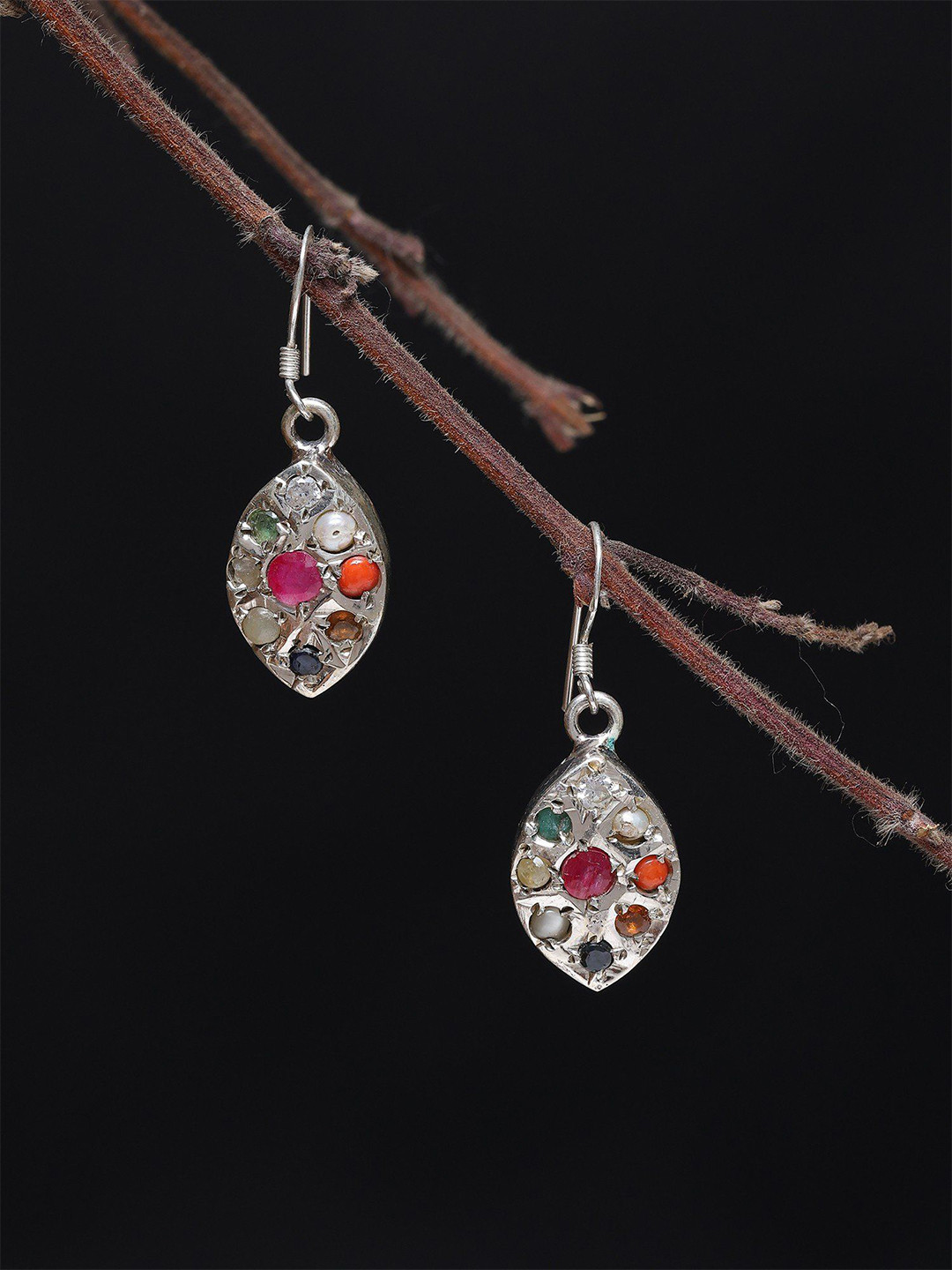 Exotic India Sterling Silver Leaf Shaped Navaratna Studded Drop Earrings