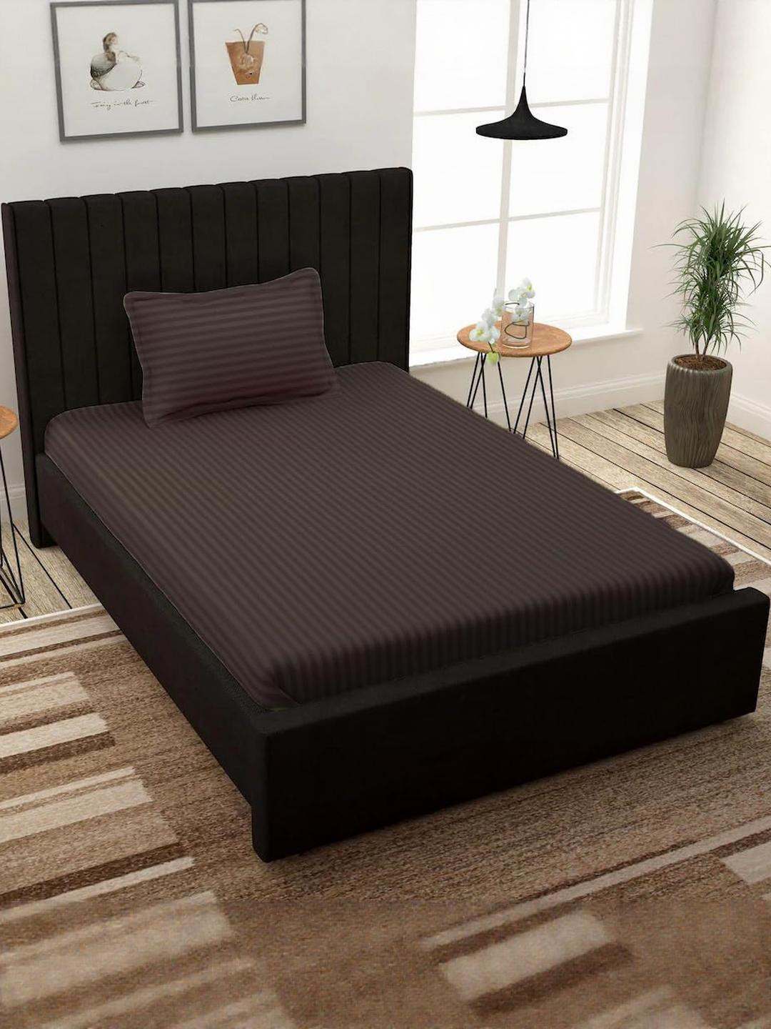 Fabture Brown Striped 210 TC Single Bedsheet with 1 Pillow Covers