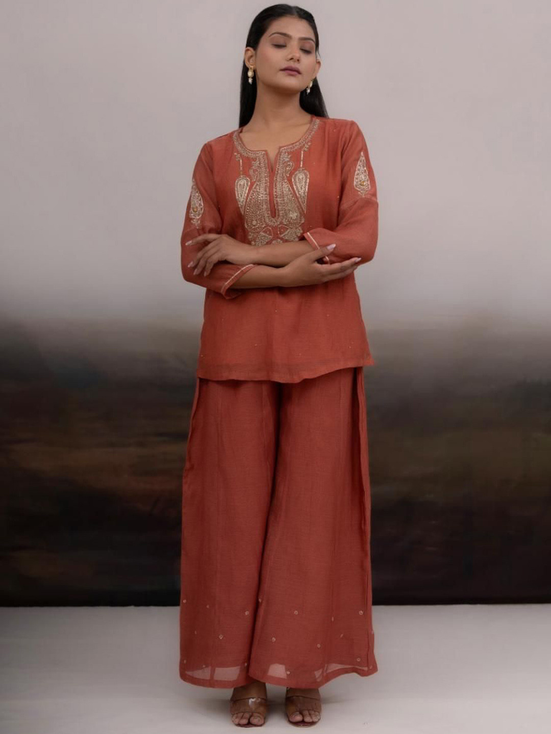 TATWA DESIGNS Women Rust Madder Top and Palazzo with Dupatta