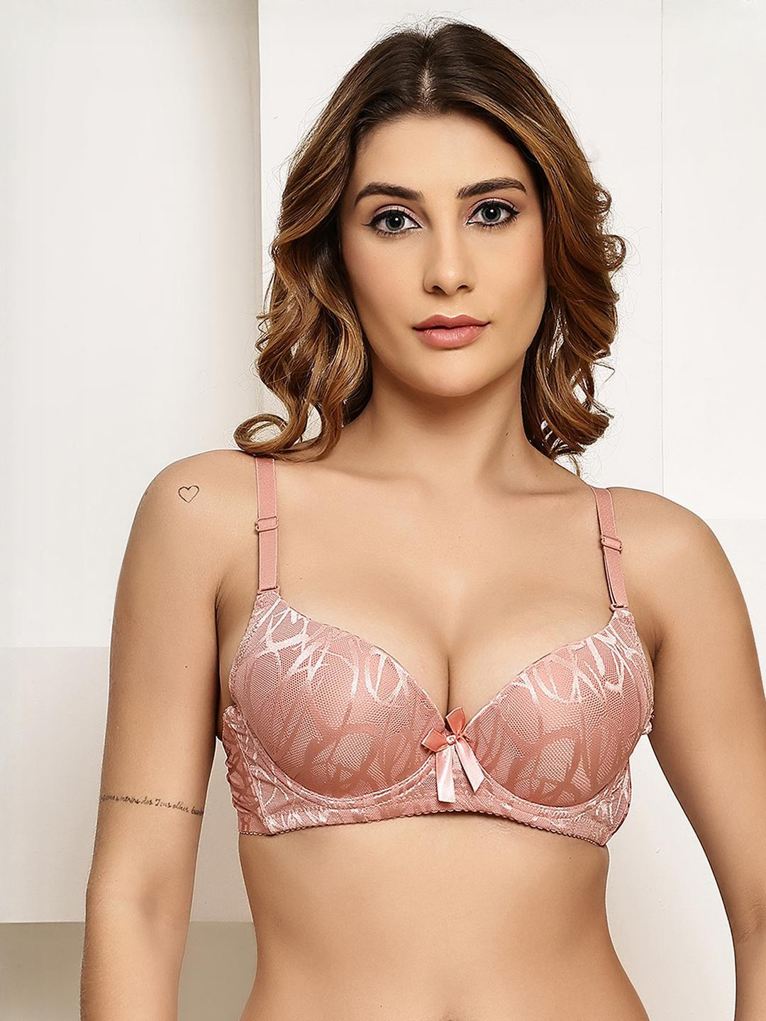 PrettyCat Peach Underwired Polyester T-shirt Embellished Bra