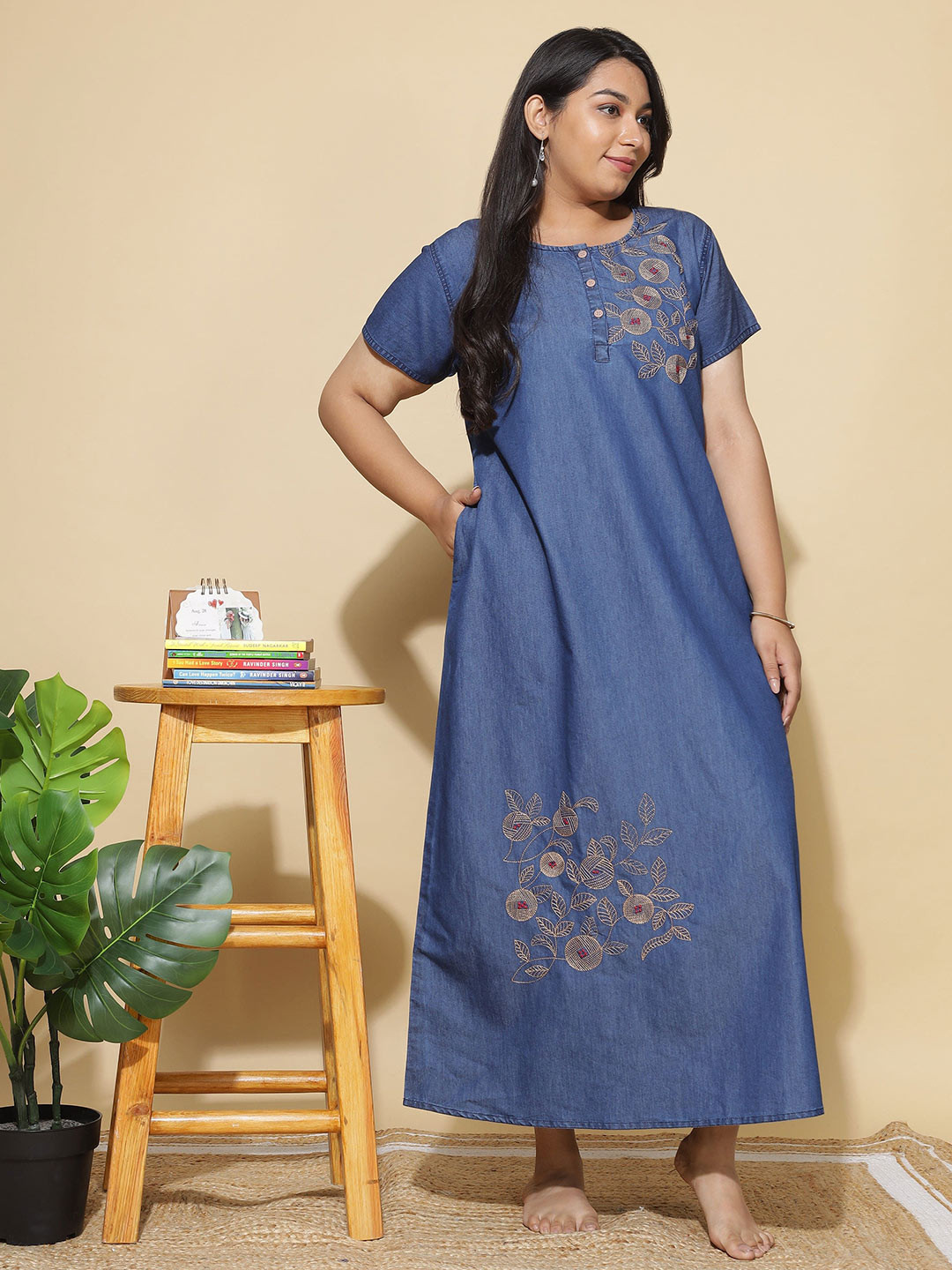 9shines Label Women Embroidered Maxi Nightdress