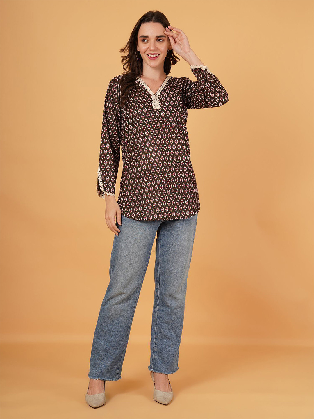 PFFASHION Printed Pure Cotton V-Neck Kurti