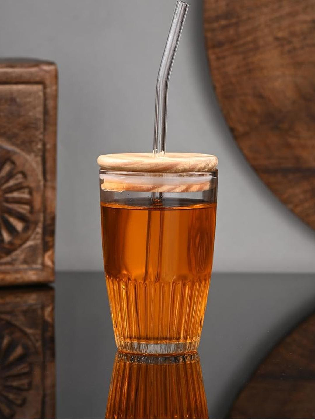 SOMIL Clear Glass Sipper with Airtight Wood Lid and Straw
