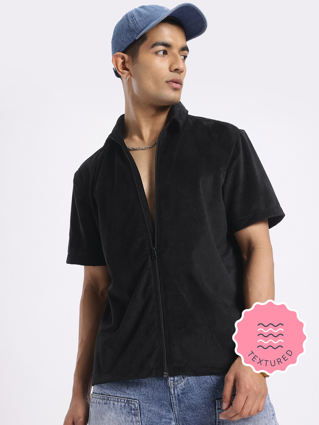 glitchez Relaxed Fit Basket Grid Velvet Finish Shirt