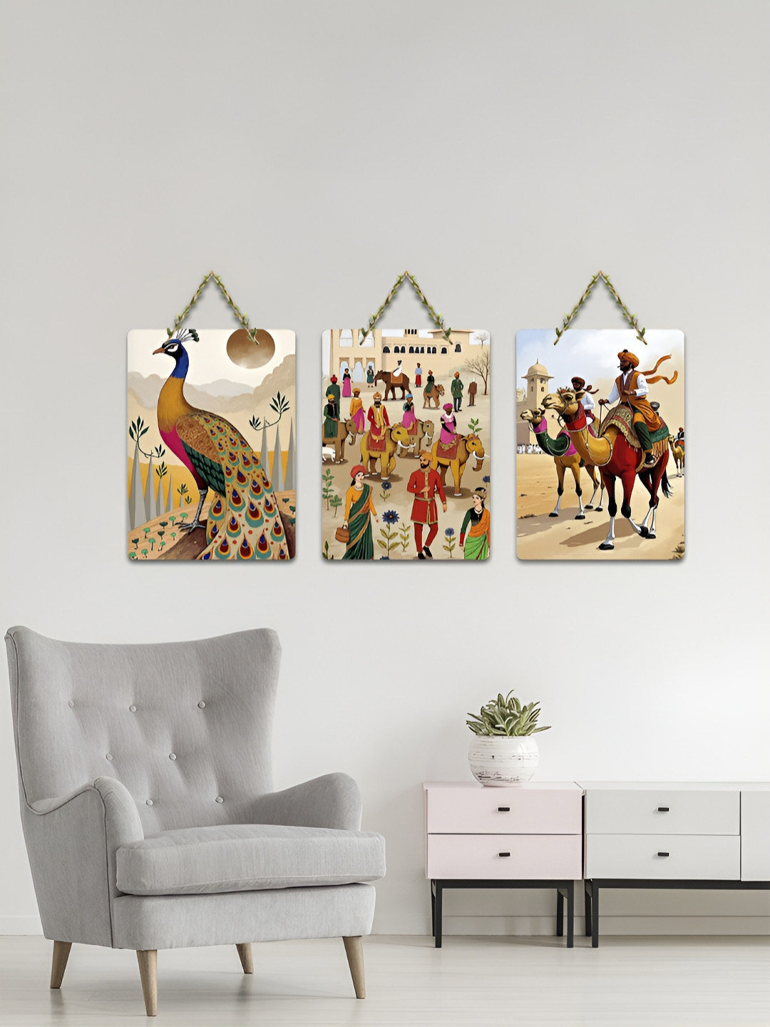 ArtVibes Beige & Brown 3 Pieces Printed Wooden Wall Hanging Decors