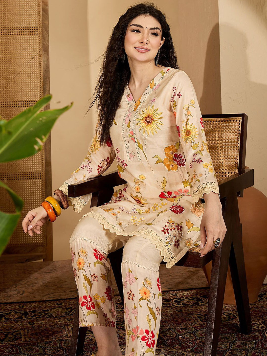 Sangria Pure-Muslin Silk Printed Tunic With Trouser Co-Ords