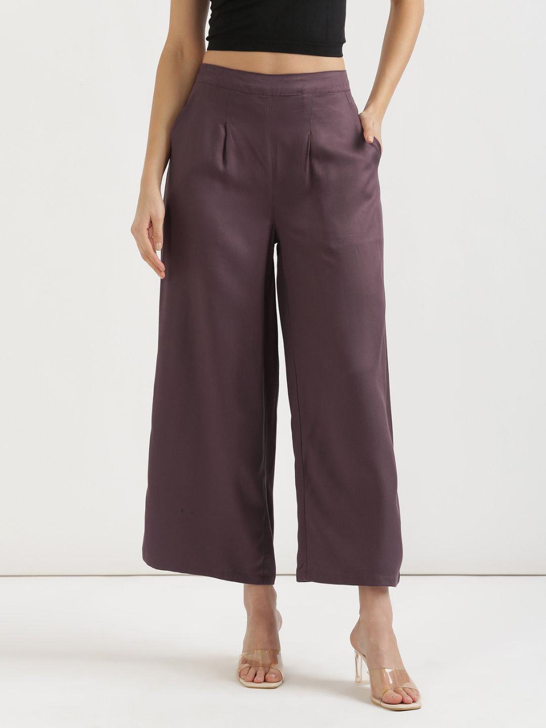 SAADAA Women Wide Leg Mid Rise Elasticated Waistband Viscose Palazzo with 2 Pockets