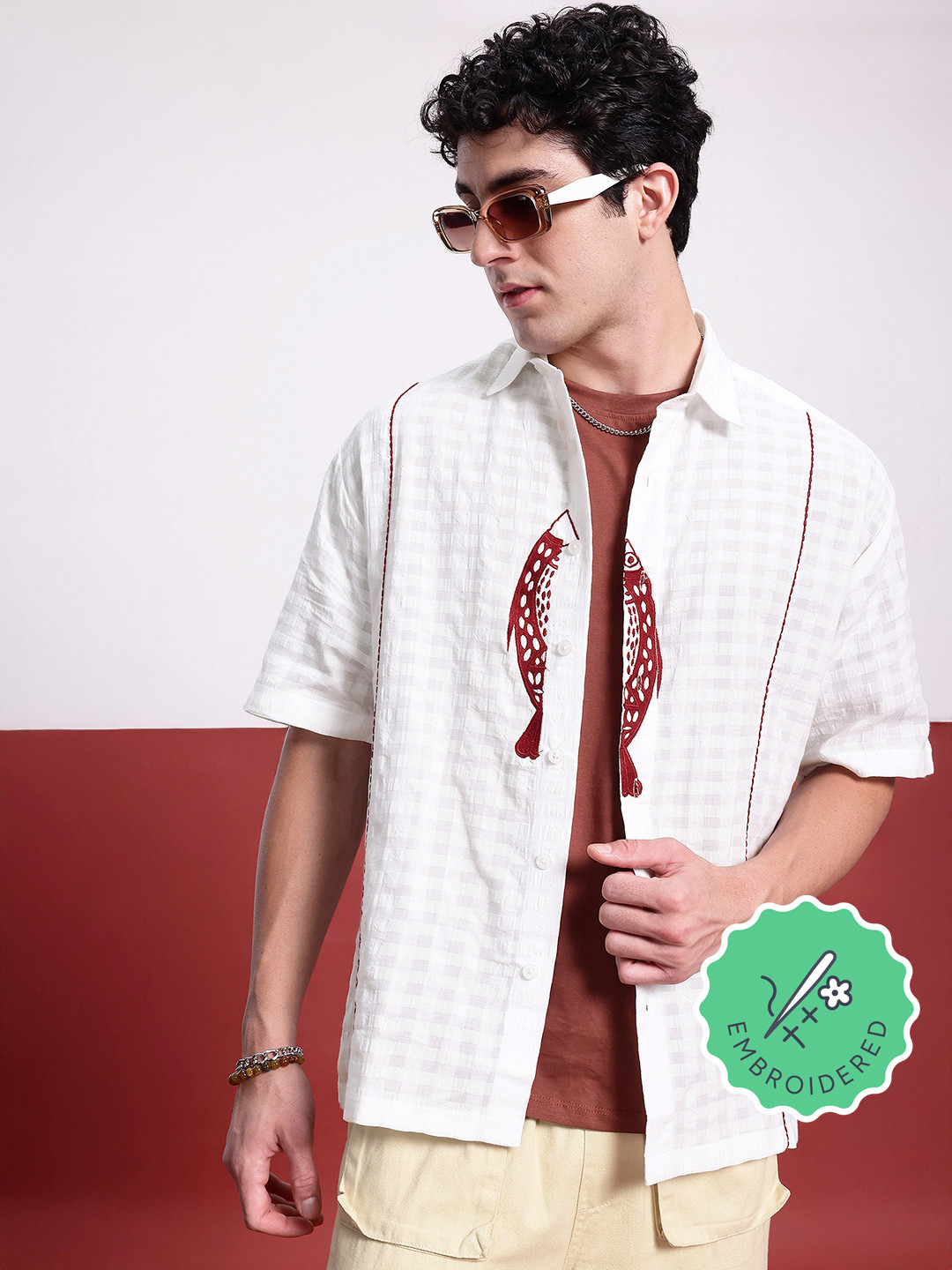glitchez Indie Embroidered Self-Checked Regular Fit Shirt