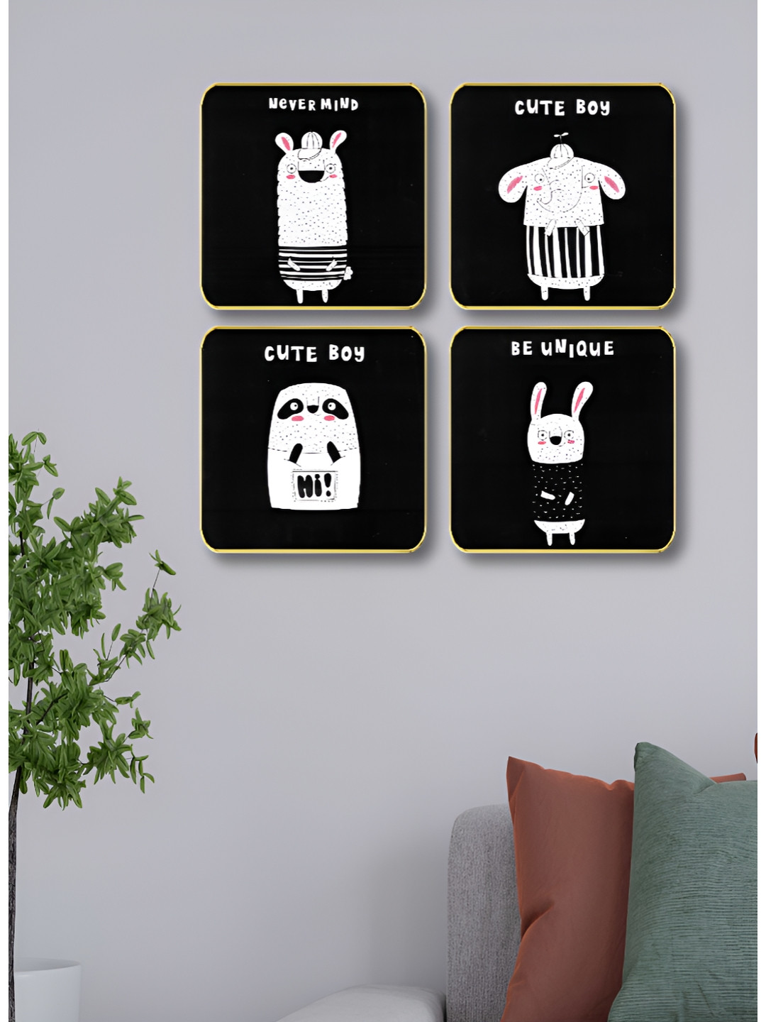 Livin'luxe Black & White 4 Pieces Cute Cartoon Animal Wall Arts