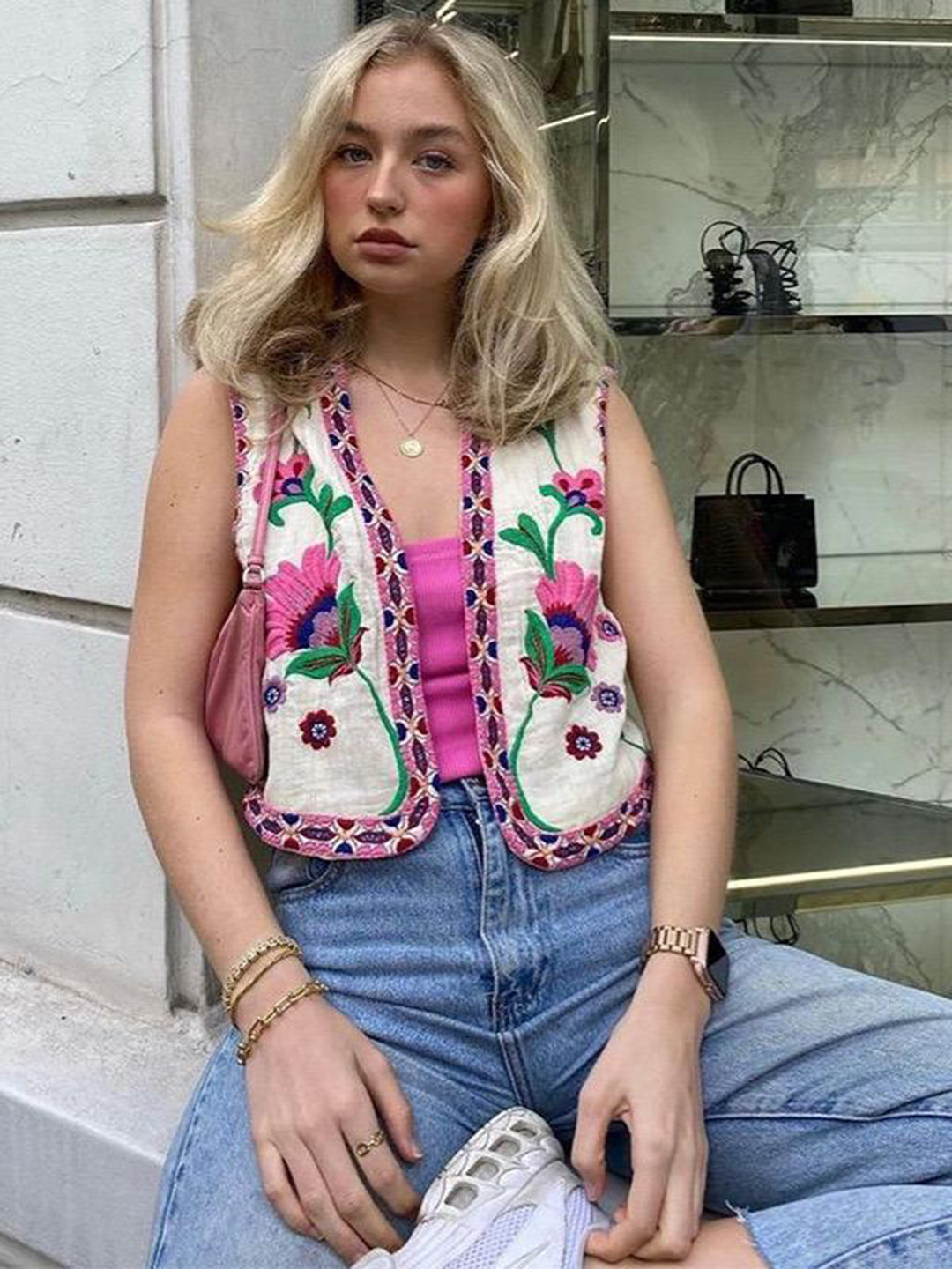 Miss Mosa By Akanksha  Beige Jeeni Statement Vest Top