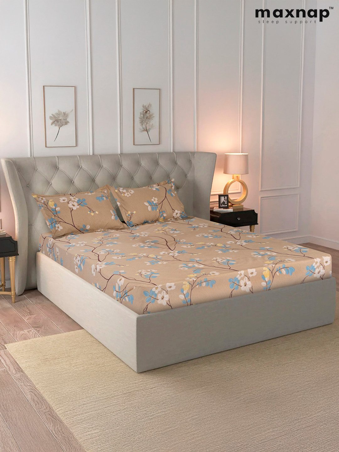 MAXNAP Sleep Support White Printed 144 TC Microfiber Queen Bedsheet Set 2.20 m x 2.40 m