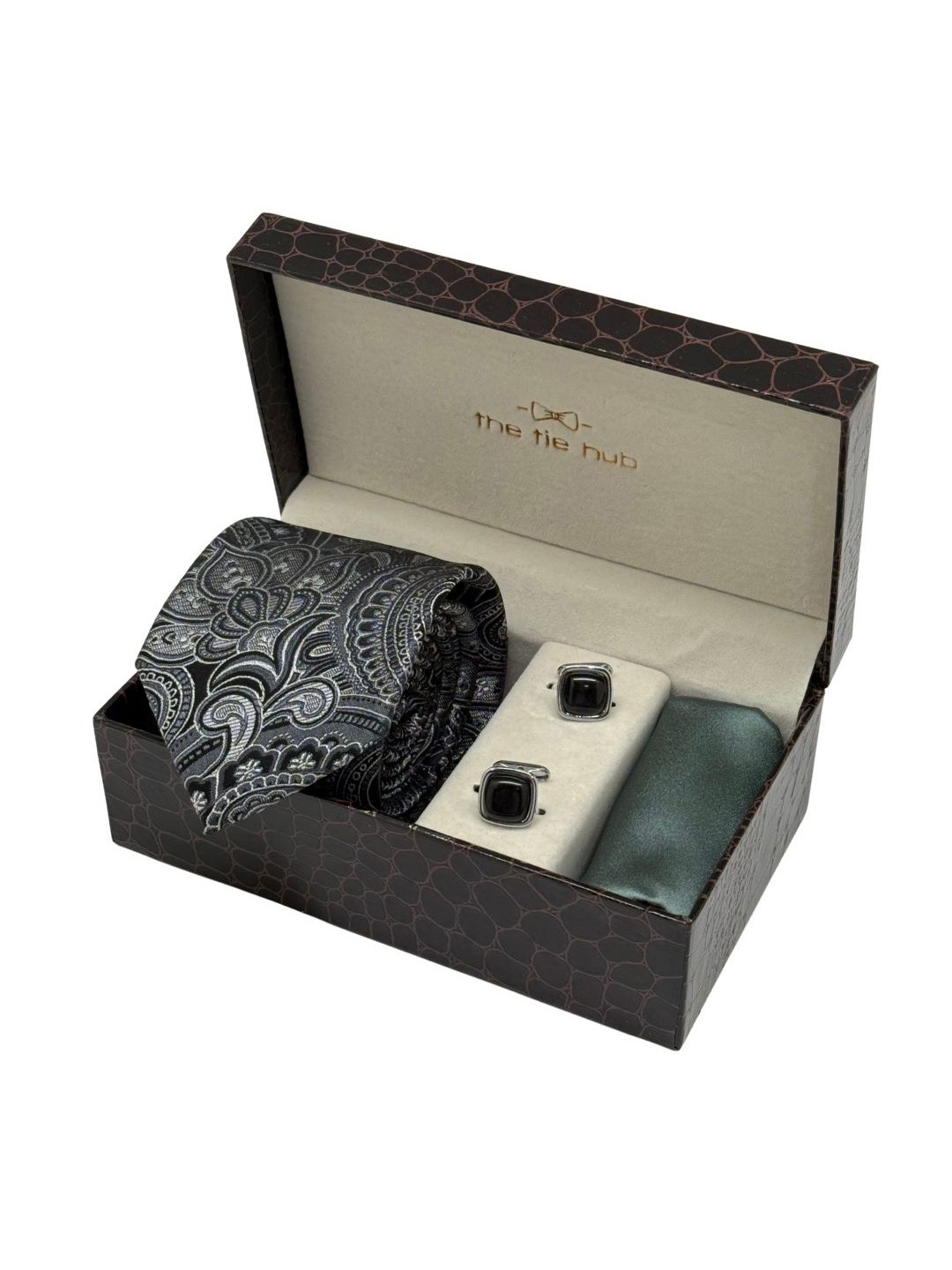 The Tie Hub Men Paisley Necktie with Cufflinks & Pocket Square Accessory Gift Set