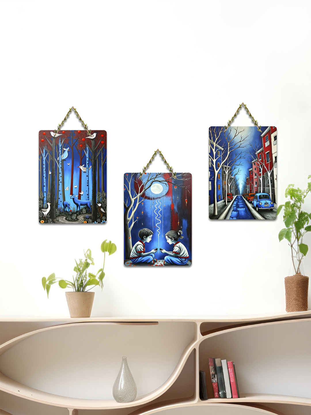 ArtVibes Blue & Brown 3 Pieces Urban & Nature Mood Printed Wooden Wall Hanging Decors
