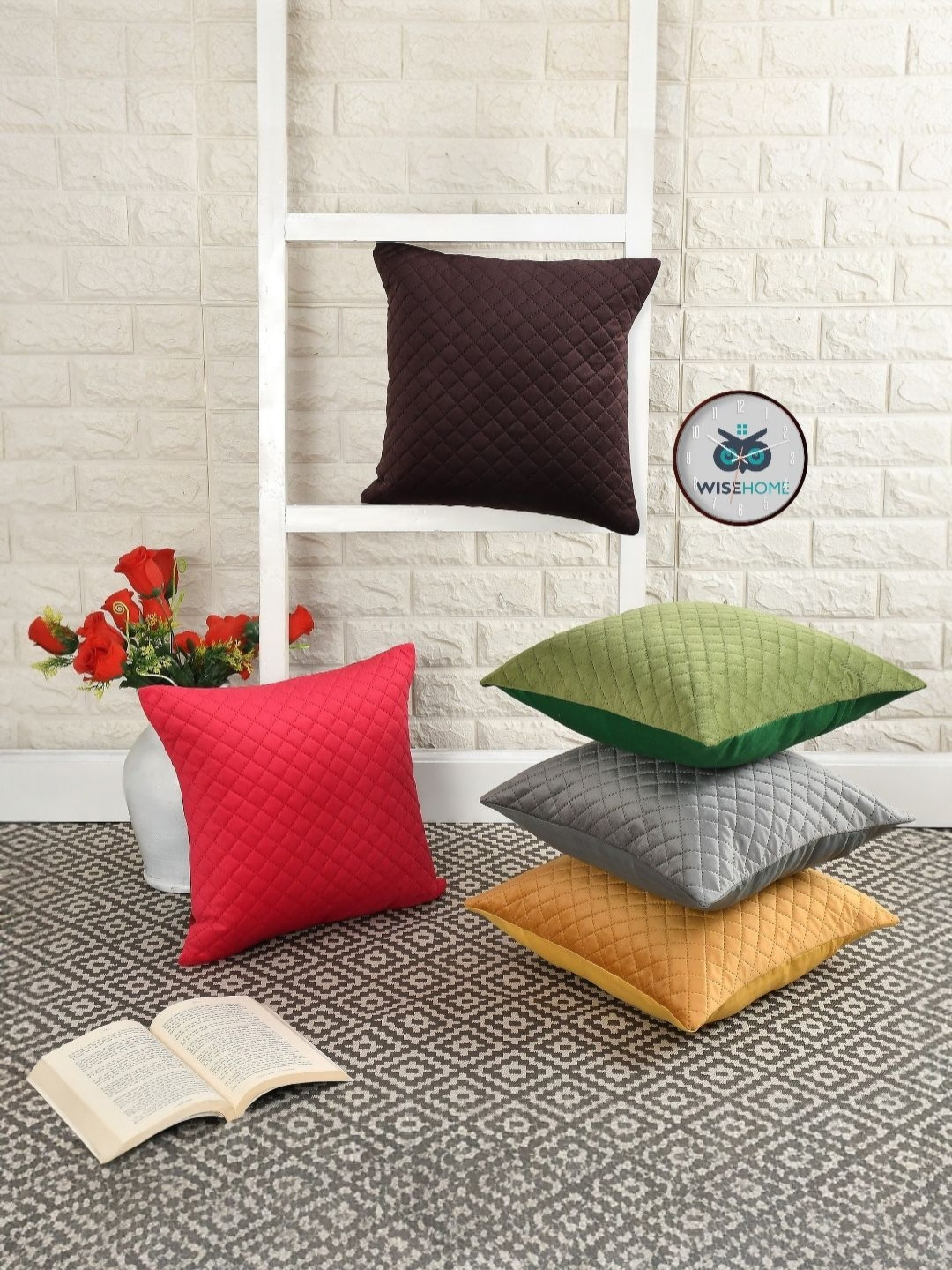 WISE HOME Multicoloured Set of 5 Checked Velvet Square Cushion Covers