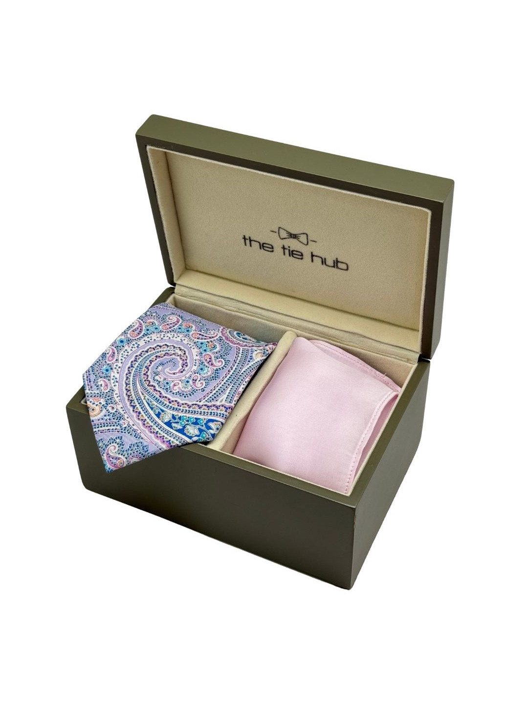 The Tie Hub Men Accessory Gift Set of Paisley Silk Necktie with Light Pink Pocket Square