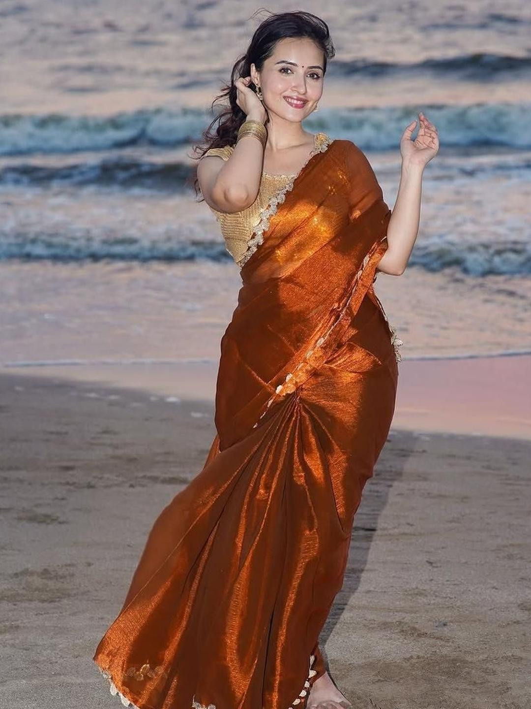 A.G.M.G FASHION Sequinned Pure Chiffon Saree