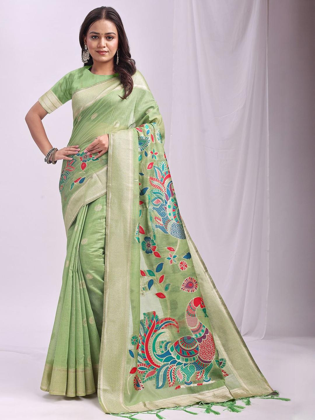 DIVASTRI Soft Linen Cotton Saree Zari Weaving And Matching Blouse Piece