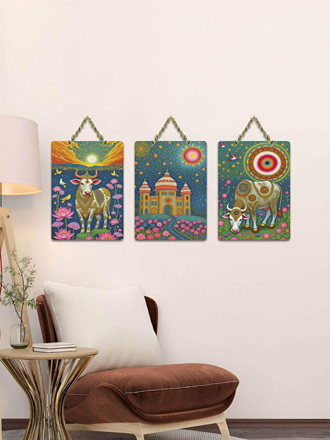 ArtVibes Blue & Green 3 Pieces Gau Mata & Sacred Realms Printed Wooden Hanging Wall Arts